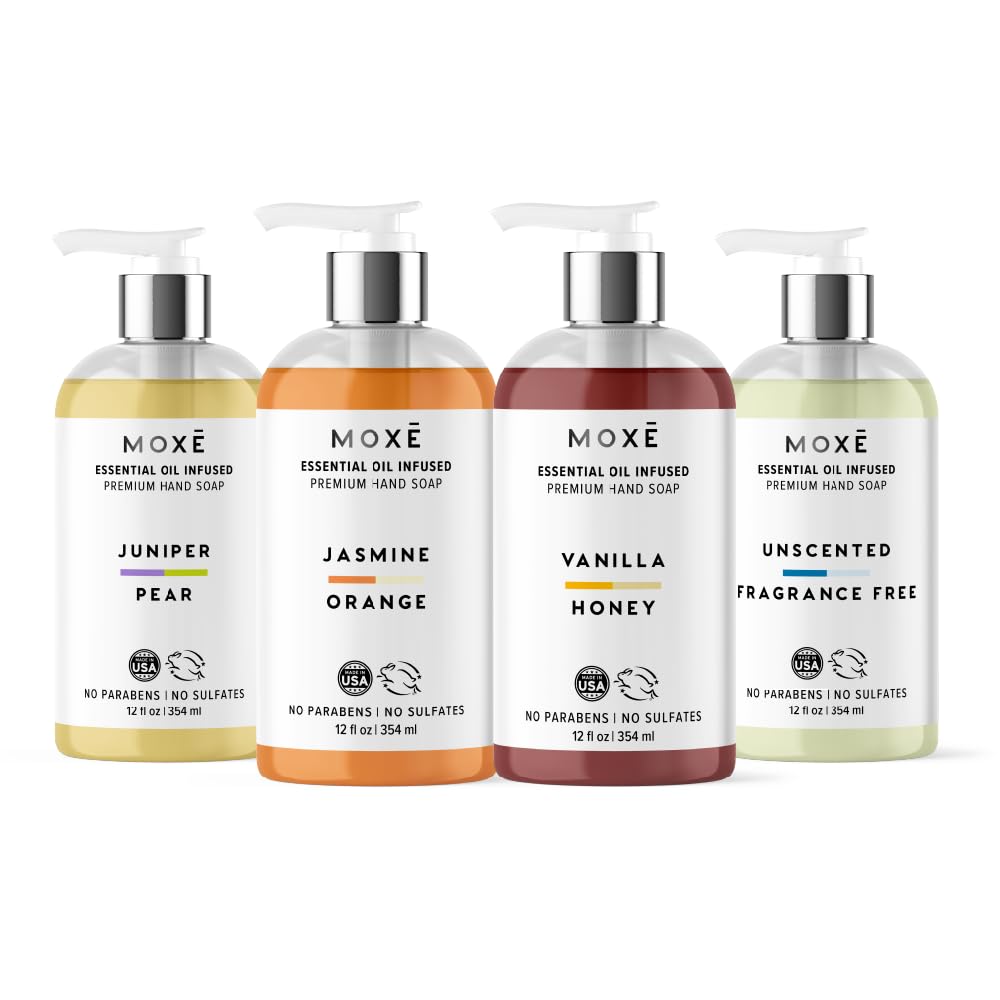 MOXĒ Liquid Hand Soap Variety 4-Pack | Jasmine Orange, Vanilla