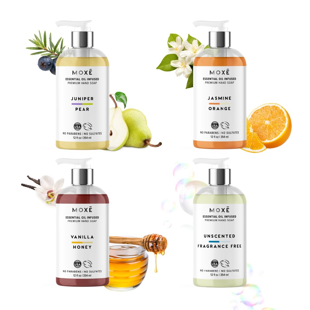 MOXĒ Liquid Hand Soap Variety 4-Pack | Jasmine Orange, Vanilla