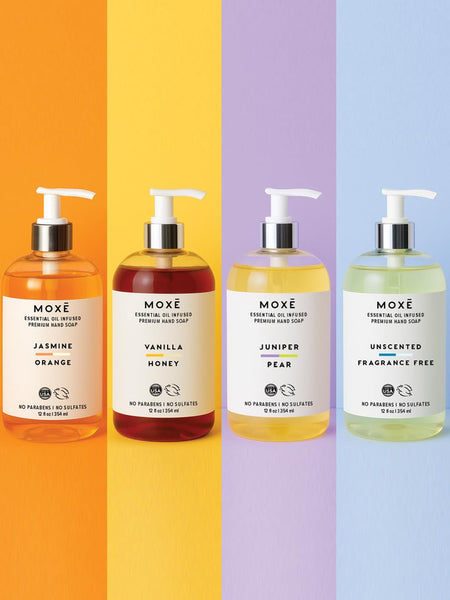 MOXĒ Liquid Hand Soap Variety 4-Pack | Jasmine Orange, Vanilla