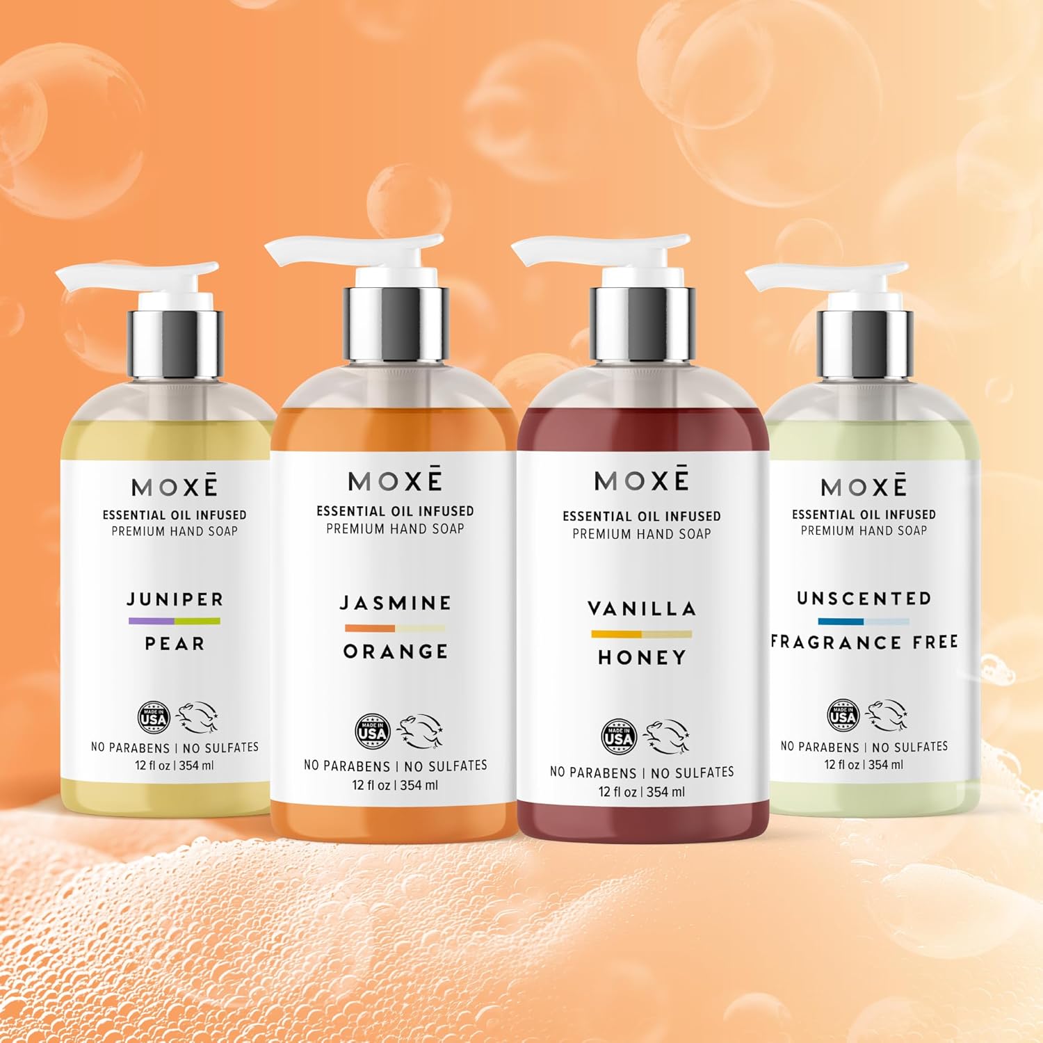 MOXĒ Liquid Hand Soap Variety 4-Pack | Jasmine Orange, Vanilla