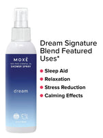 White bottle of MOXĒ Dream Shower Spray with blue label