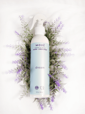 MOXĒ Dream Room + Linen Spray with the laveneder leaves background