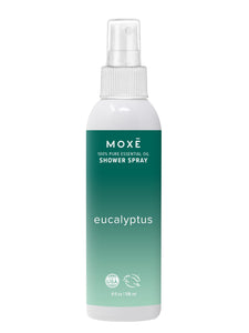 White bottle MOXĒ Eucalyptus Shower Spray with a dropper top